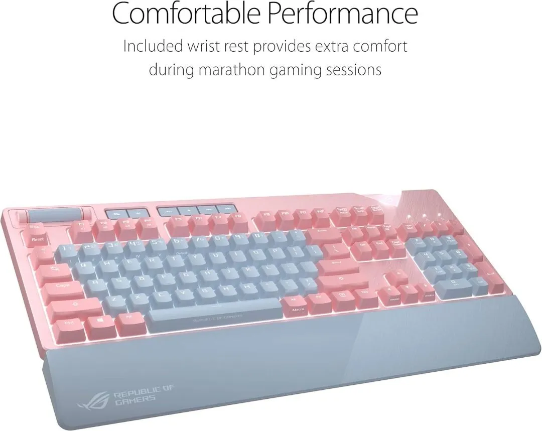 ASUS RGB mechanical gaming keyboard with Cherry MX switches, Pink/Grey