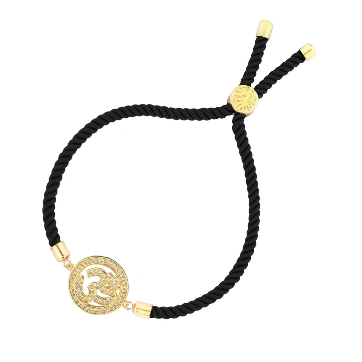 Aum Om 18K Gold Black American Diamond Adjustable Thread Bracelet