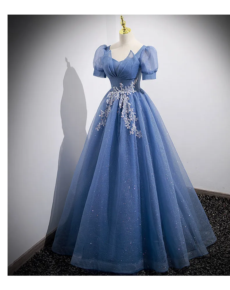 Ball Gown Short Sleeves Long Tulle Blue Prom Dresses SH035