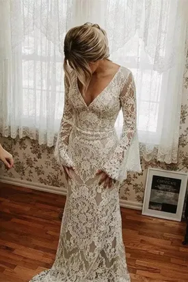 Beautiful Mermaid Lace Long Sleeves Backless Wedding Dress With Train, SW633