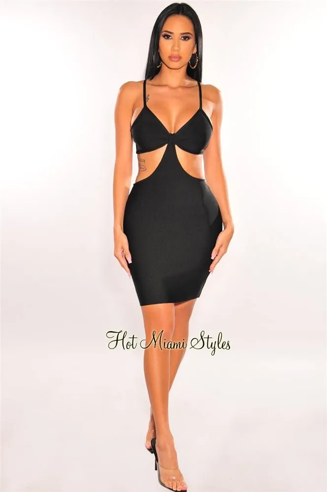 Black Bandage Spaghetti Straps Knotted Cut Out Mini Dress