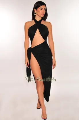 Black Halter Crisscross Cut Out Drape Ruched Slit Dress