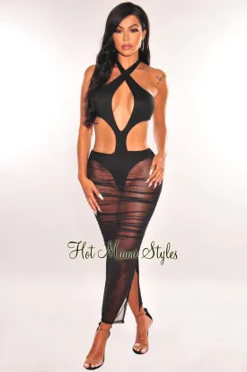 Black Halter Tie Up Cut Out Mesh Ruched Dress