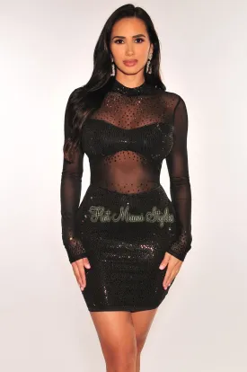 Black Mock Neck Rhinestone Mesh Long Sleeves Dress