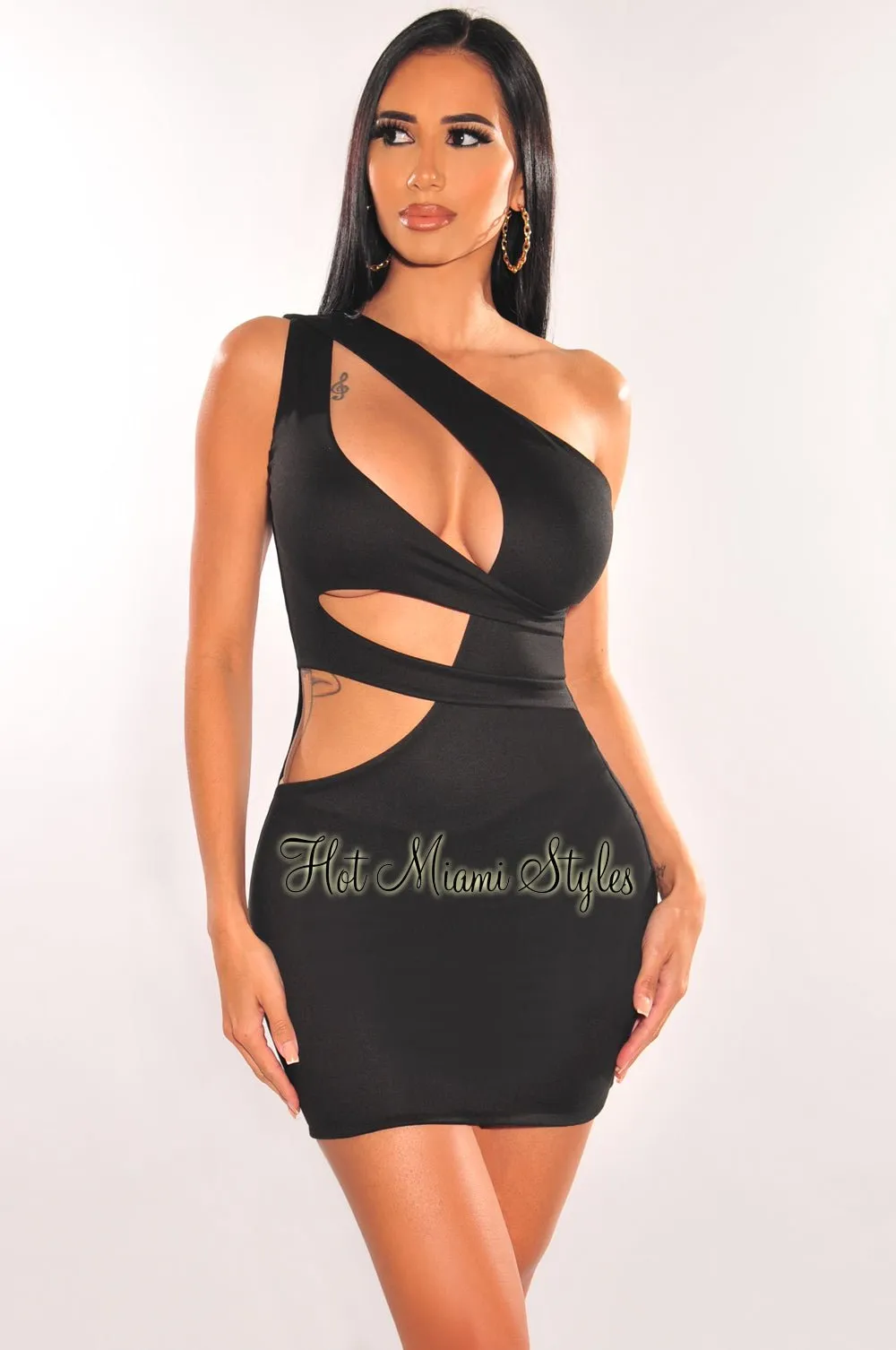 Black One Shoulder Cut Out Mini Dress