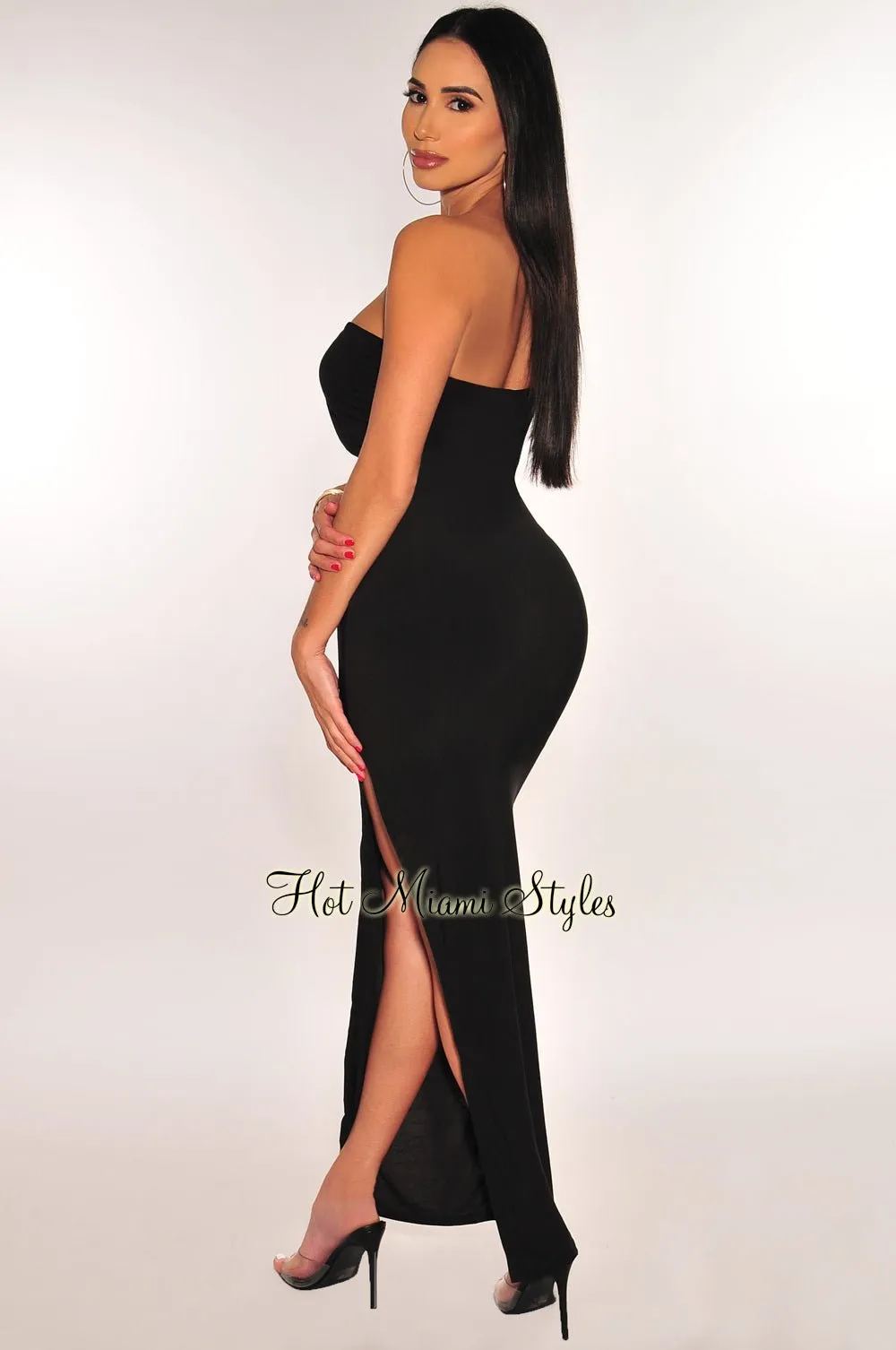 Black One Shoulder Cut Out Slit Maxi Dress