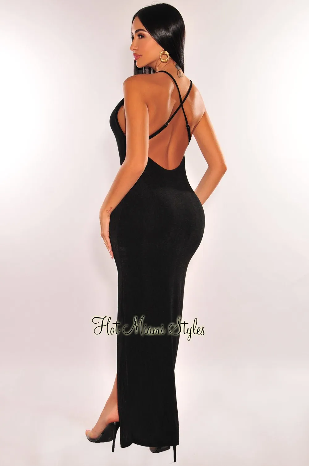 Black Plunge Knotted Criss Cross Back Slit Maxi Dress