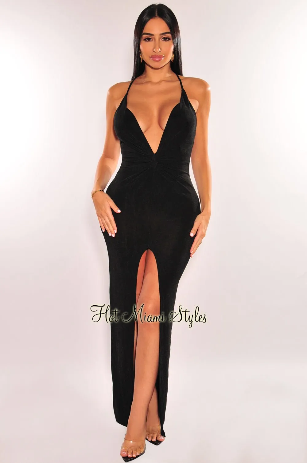 Black Plunge Knotted Criss Cross Back Slit Maxi Dress