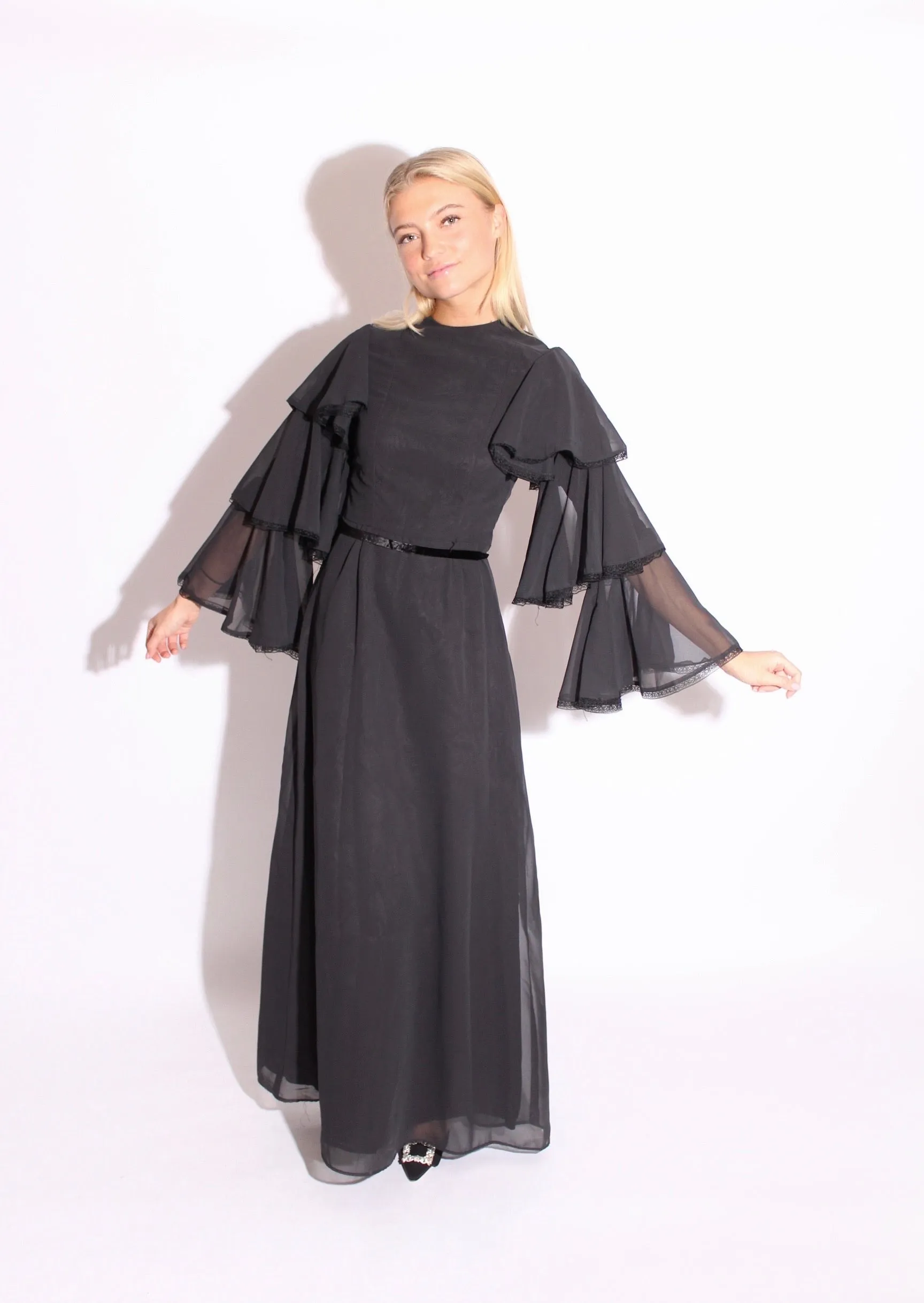 Black Ruffles Chiffon Maxi Dress