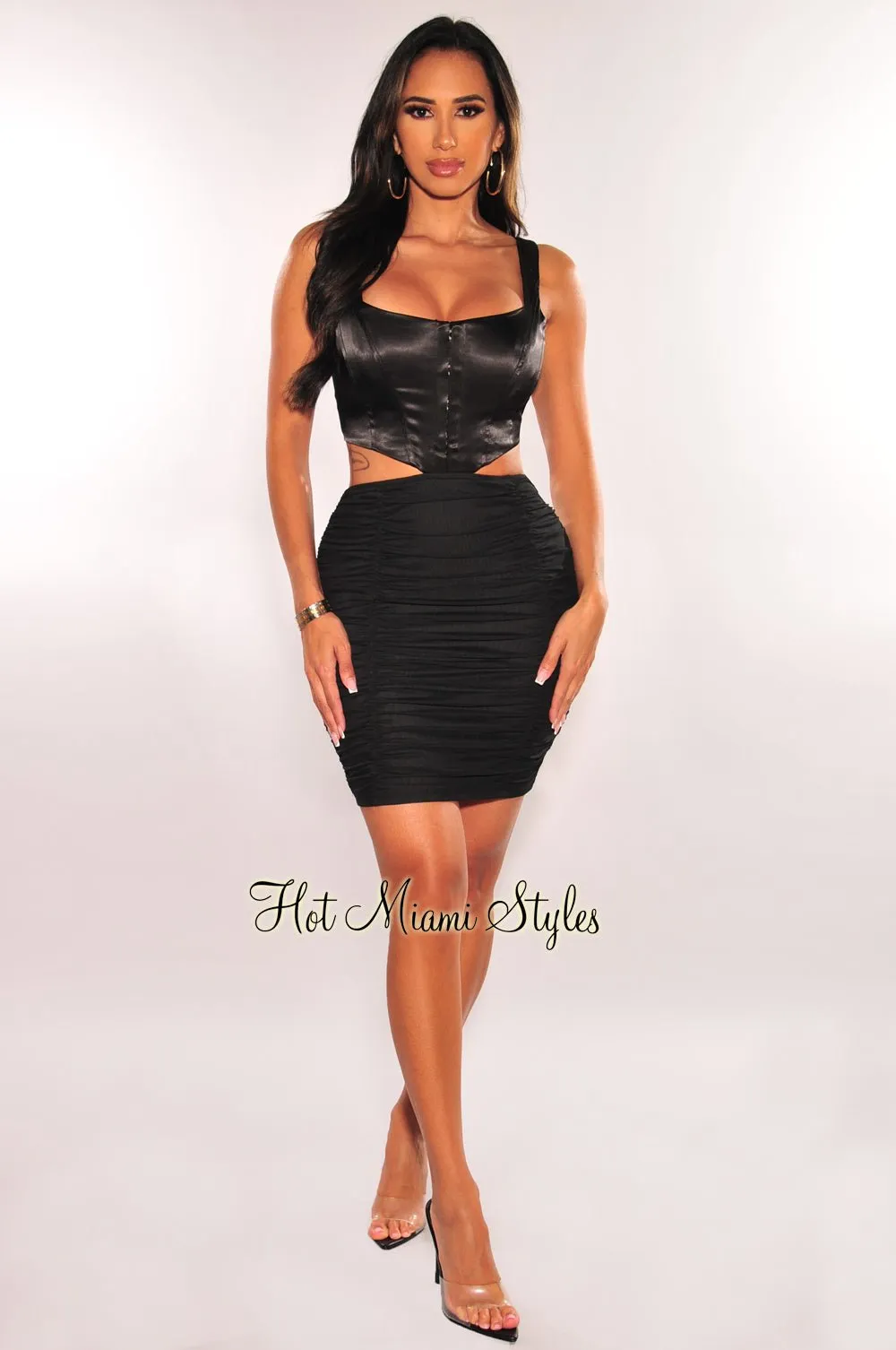 Black Satin Mesh Boned Bustier Cut Out Ruched Dress