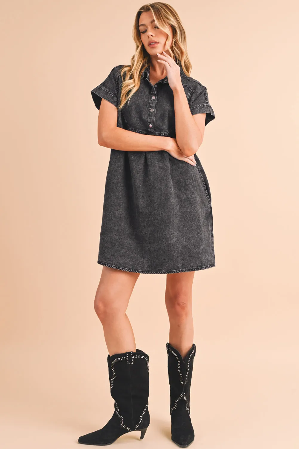 Black Vintage Snap Buttoned Mini Denim Dress