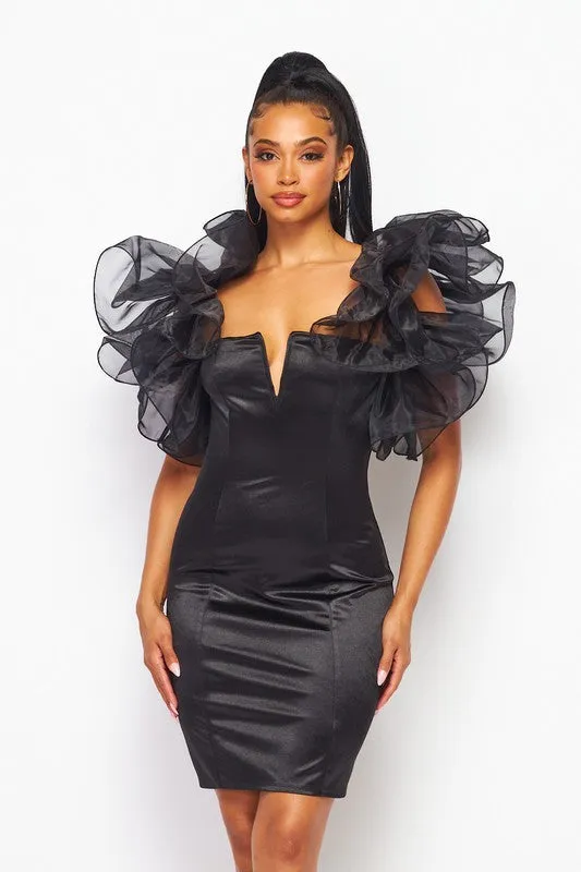 Black Wire Organza Ruffle Mini Dress