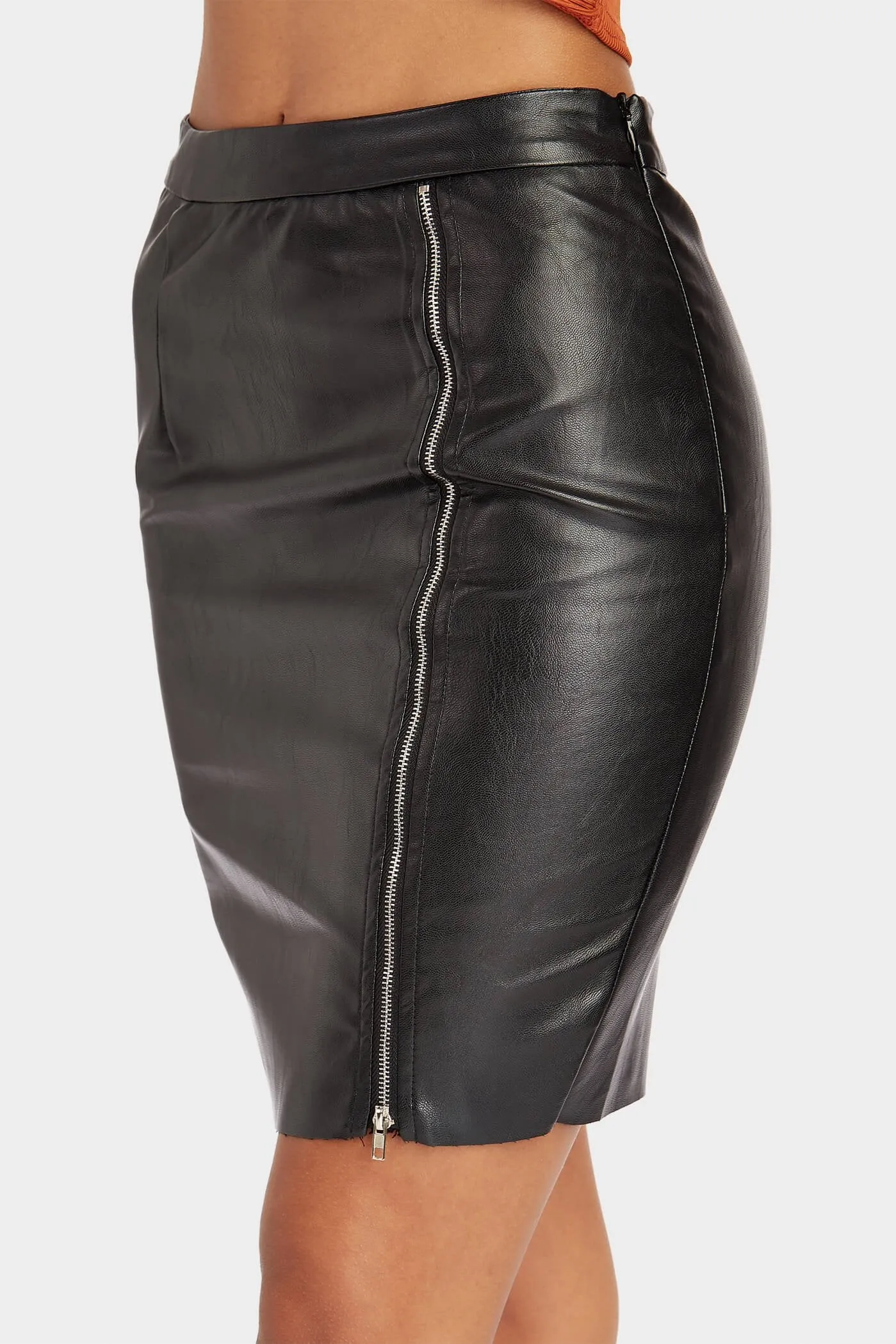 Black Zip Front Leather Skirt