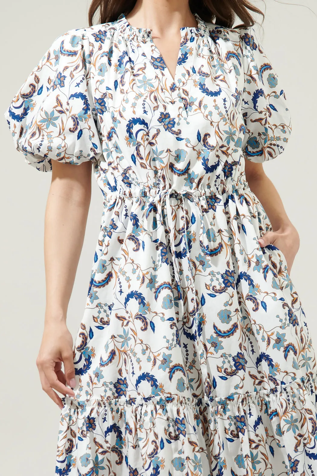 Blanche Floral Ginny Bubble Sleeve Midi Dress