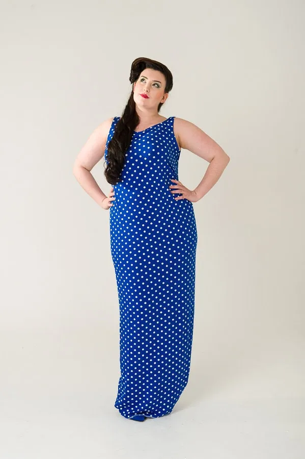 Blue Polka Dot Retro Jersey Dress Up To UK10