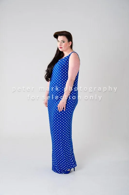 Blue Polka Dot Retro Jersey Dress Up To UK10