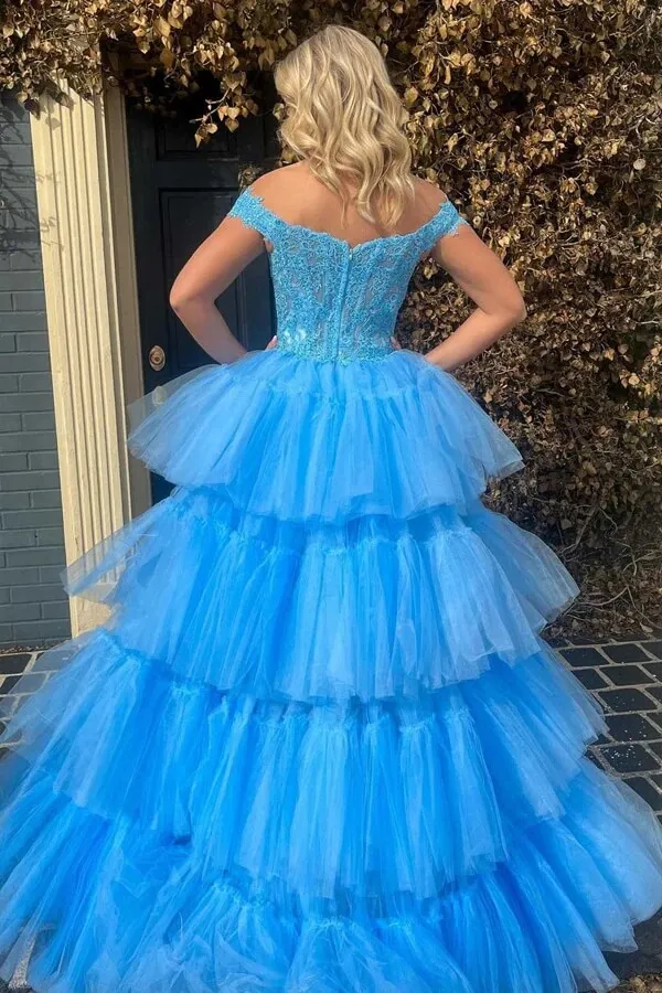 Blue Tulle High-Low Lace Top Off Shoulder Tiered Prom Dress, Party Dress, SP918