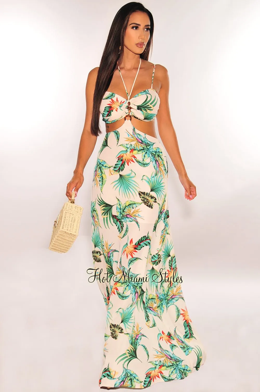 Blush Tropical Print Strappy Cut Out Maxi Dress