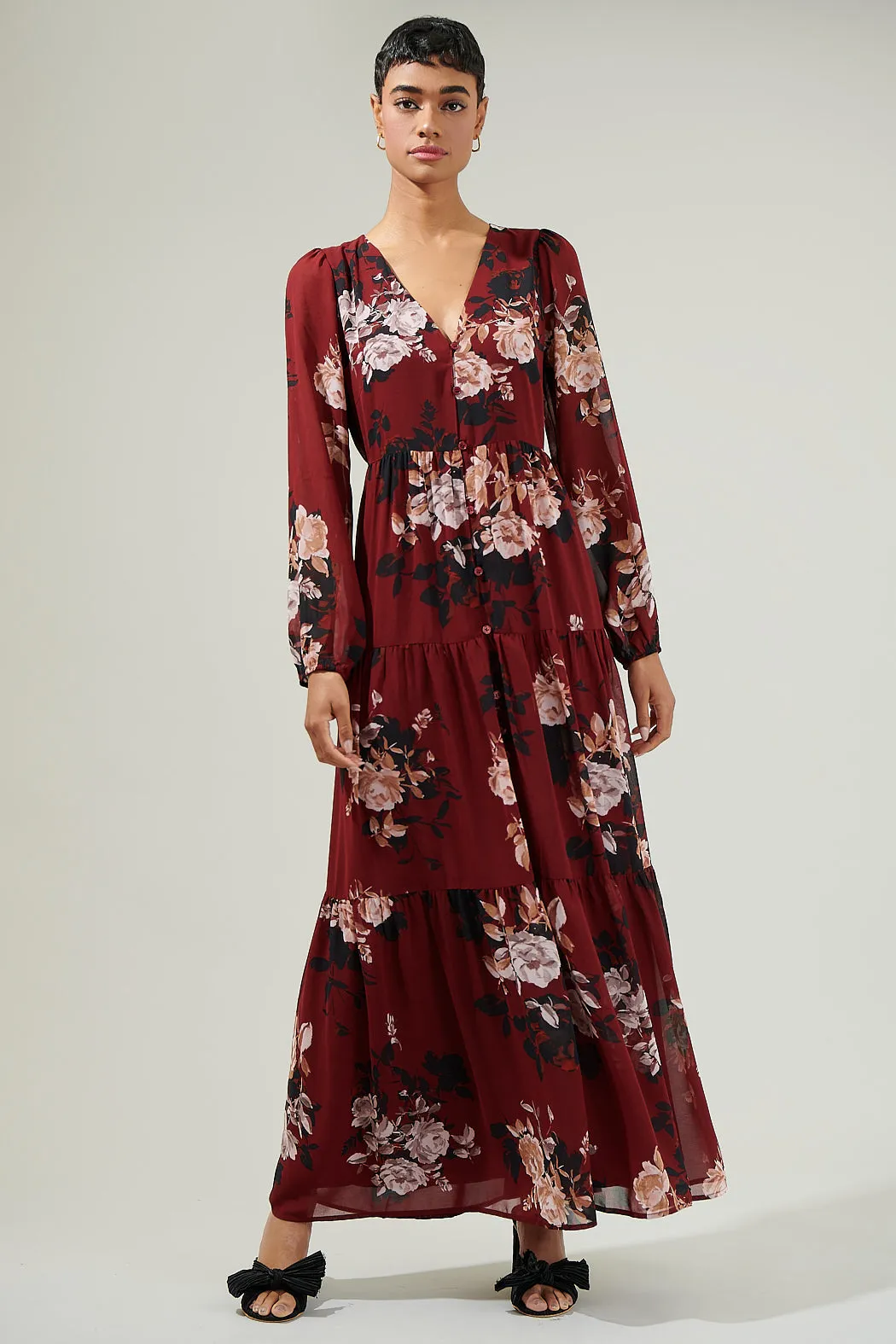 Bordeaux Floral Monaco Long Tiered Maxi Dress