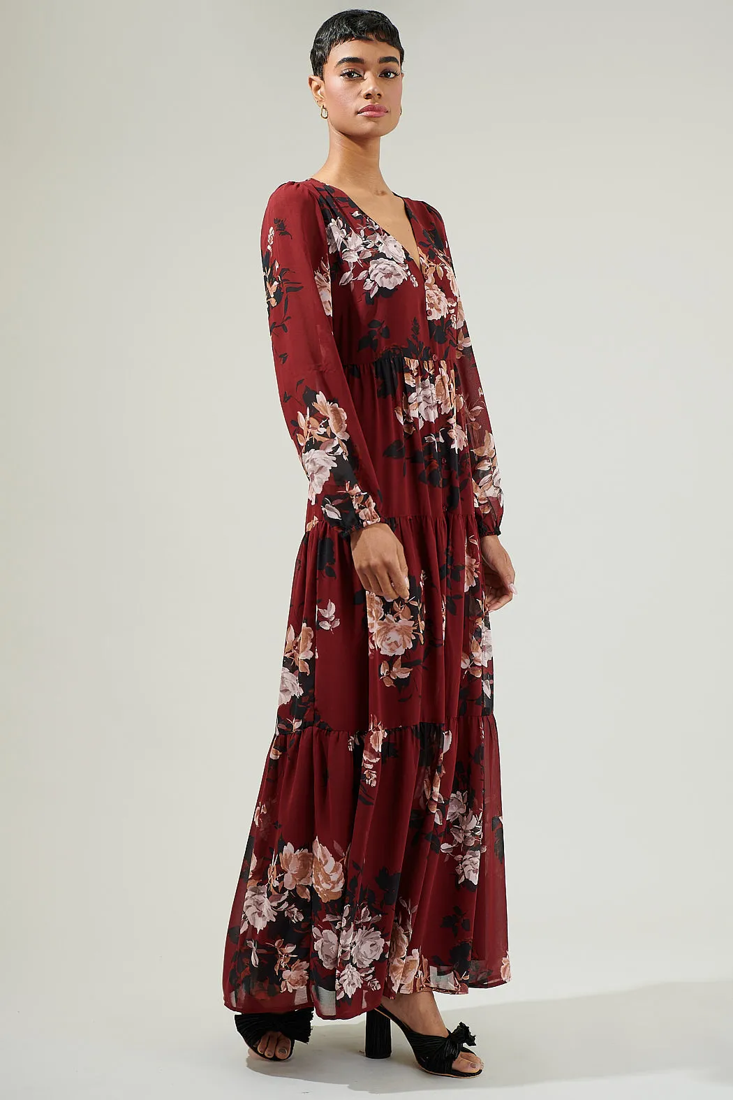 Bordeaux Floral Monaco Long Tiered Maxi Dress