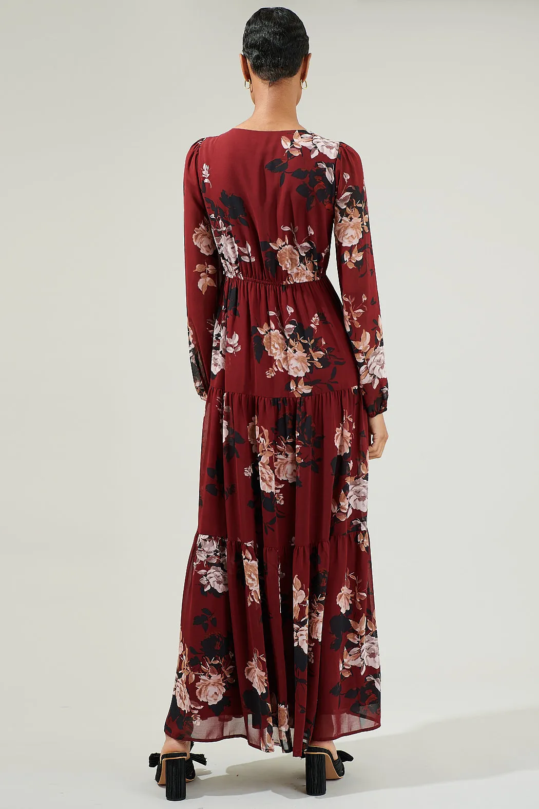 Bordeaux Floral Monaco Long Tiered Maxi Dress