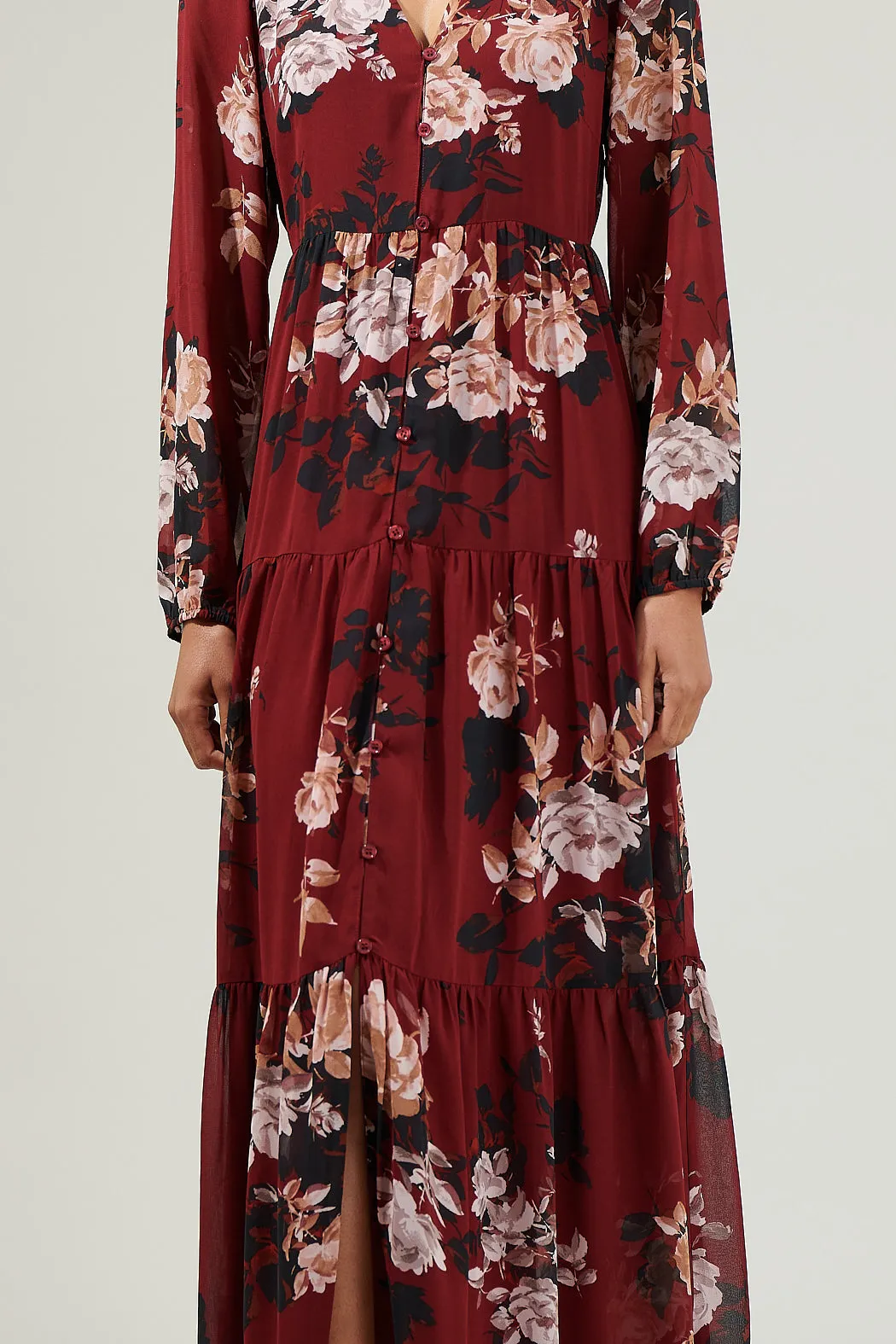 Bordeaux Floral Monaco Long Tiered Maxi Dress