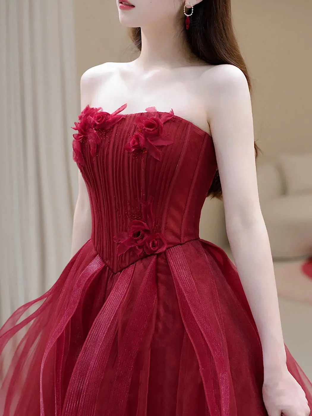 Burgundy A-Line Tulle Long Prom Dress, Burgundy Formal Evening Dress