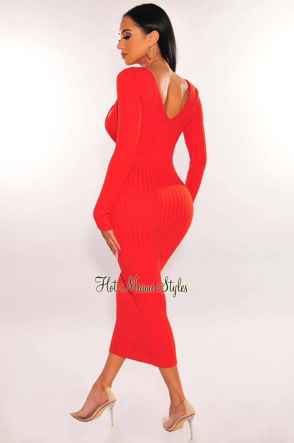 Burnt Orange Ribbed Knit Plunge Neck Long Sleeve Midi Dress   Bralette