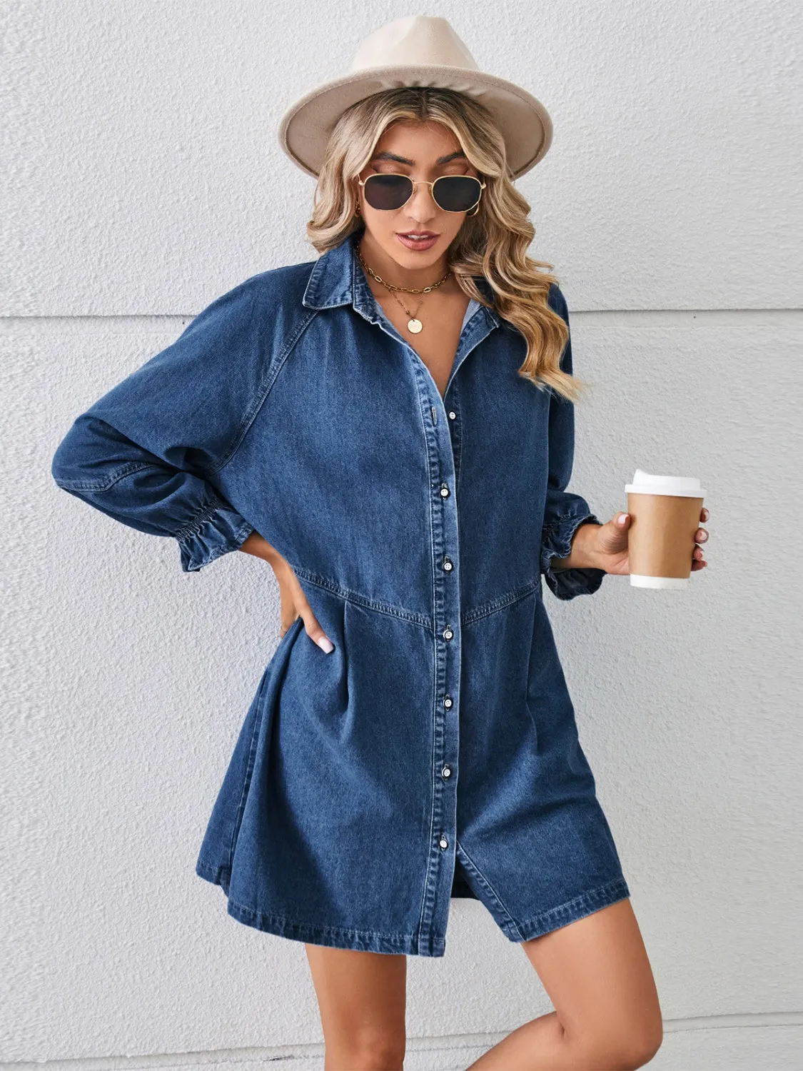 Button Up Flounce Sleeve Mini Denim Dress