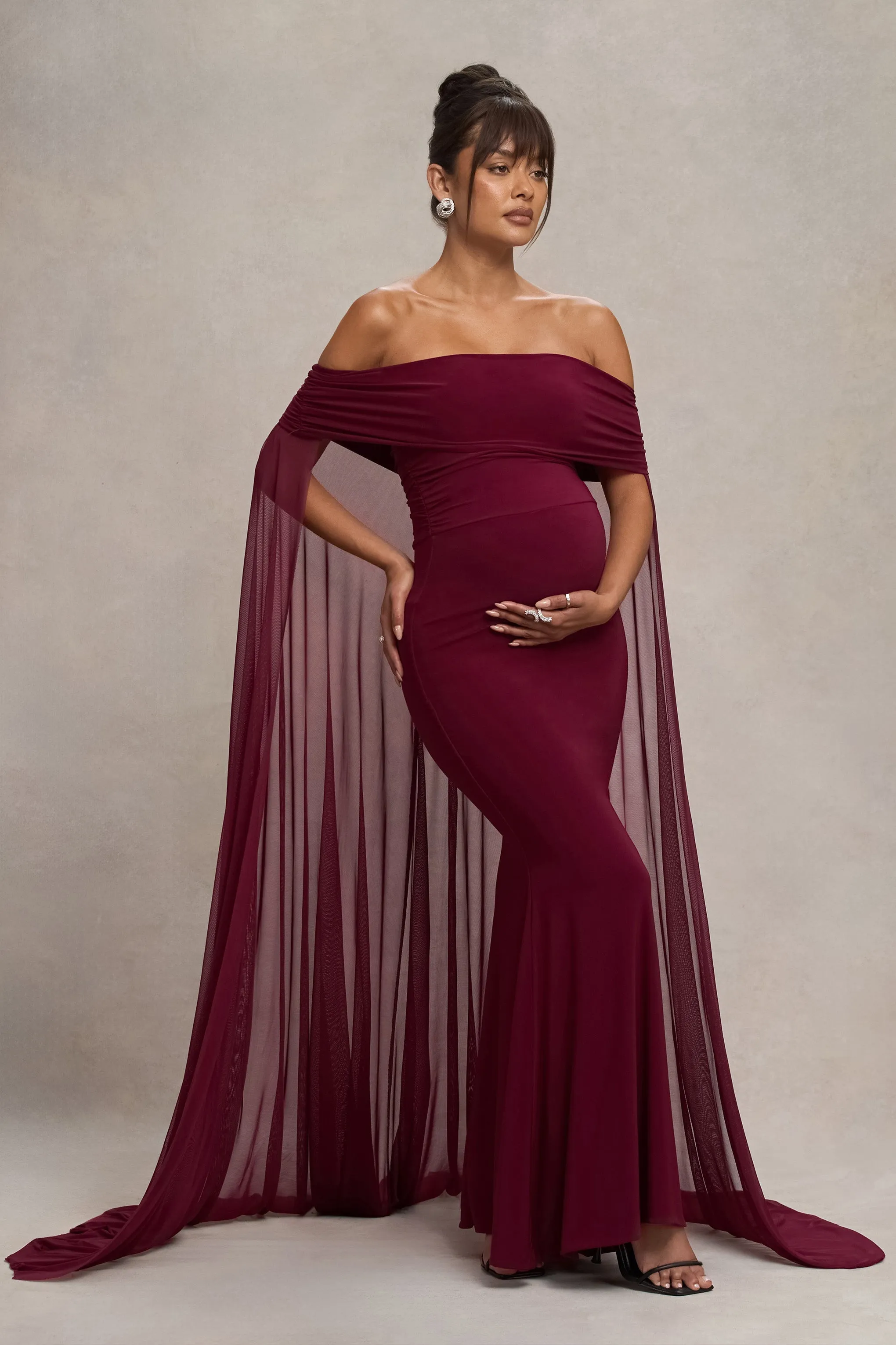 Carlotta | Berry Bardot Maternity Maxi Dress With Chiffon Cape