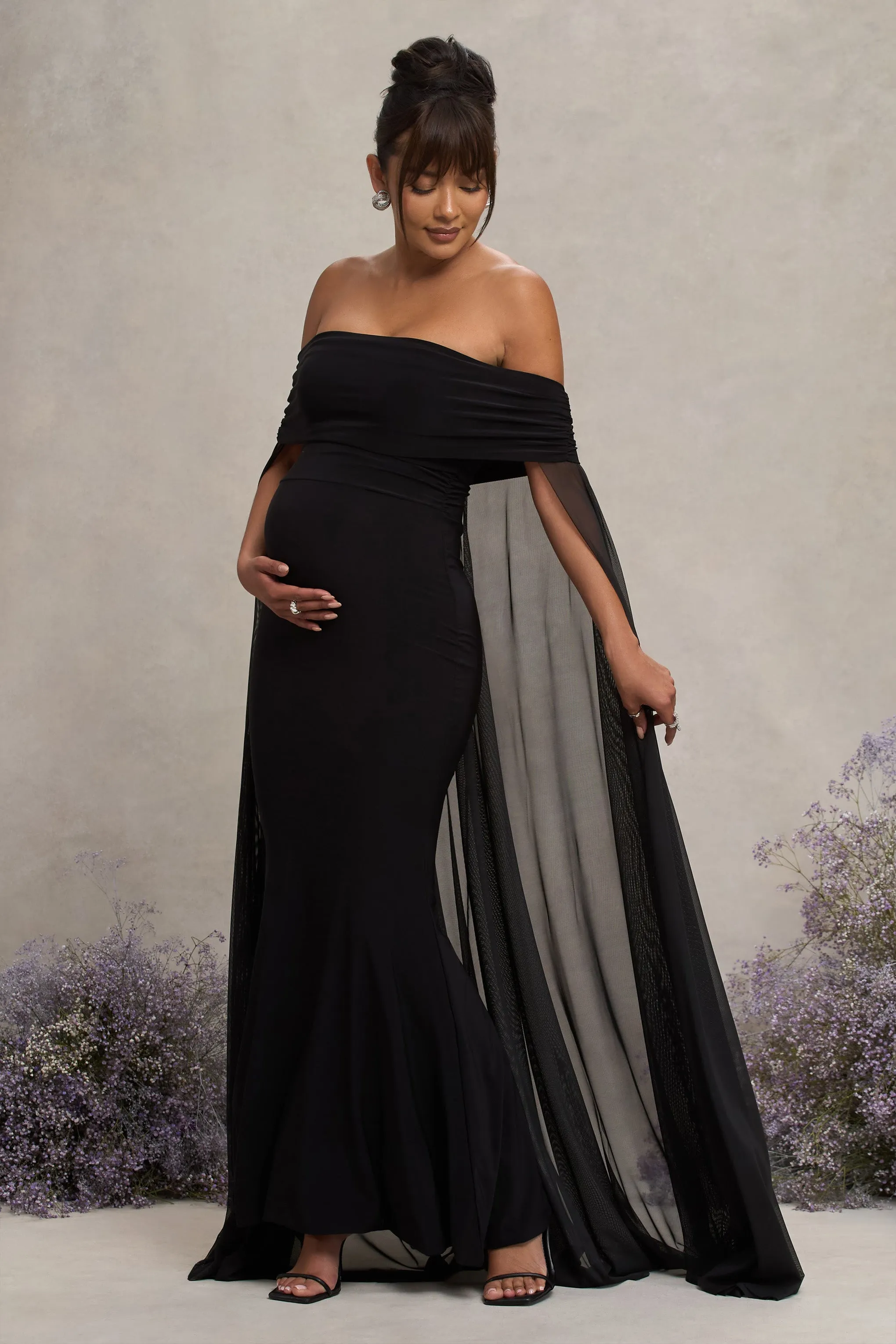 Carlotta | Black Bardot Maternity Maxi Dress With Chiffon Cape