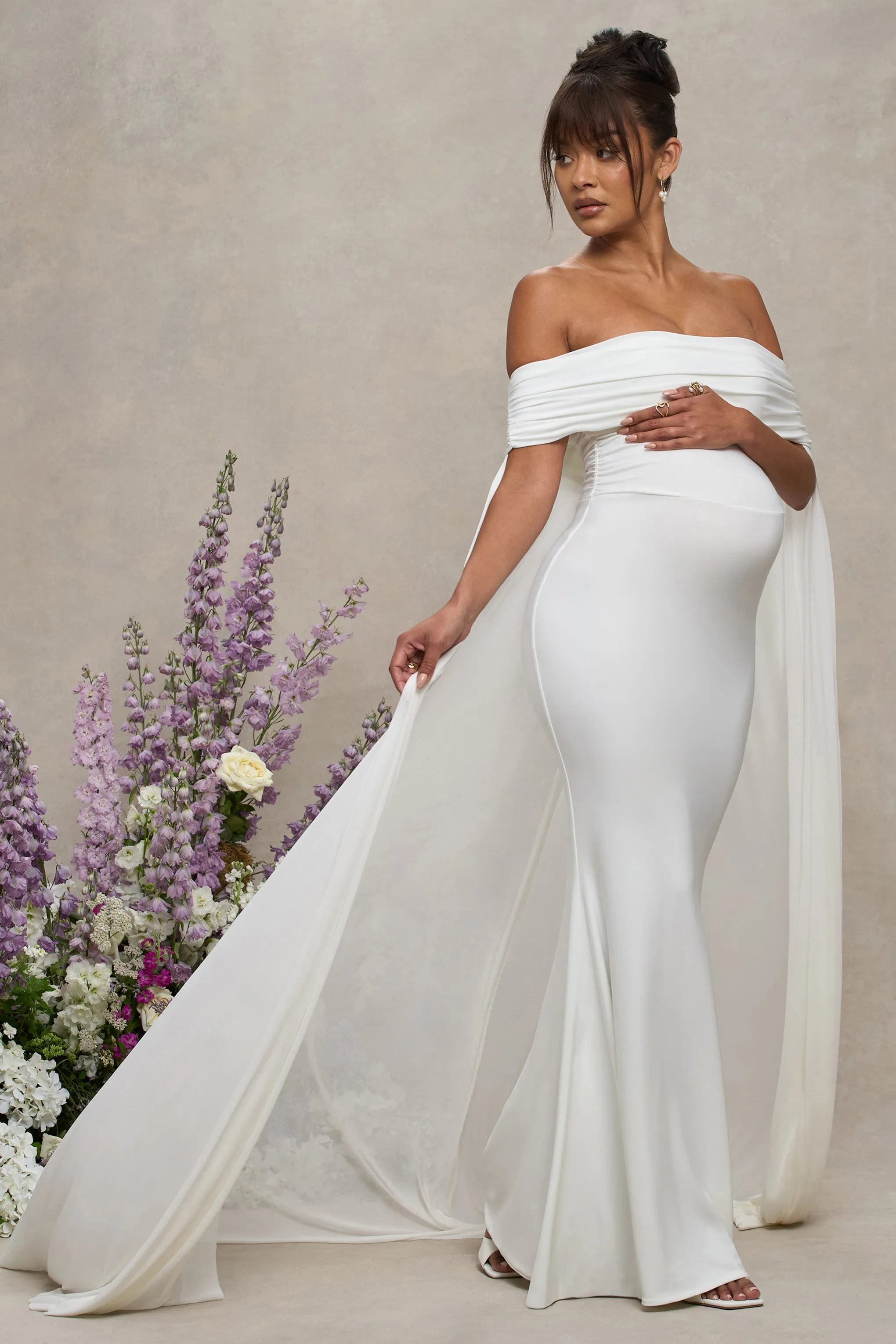 Carlotta | White Bardot Maternity Maxi Dress With Chiffon Cape