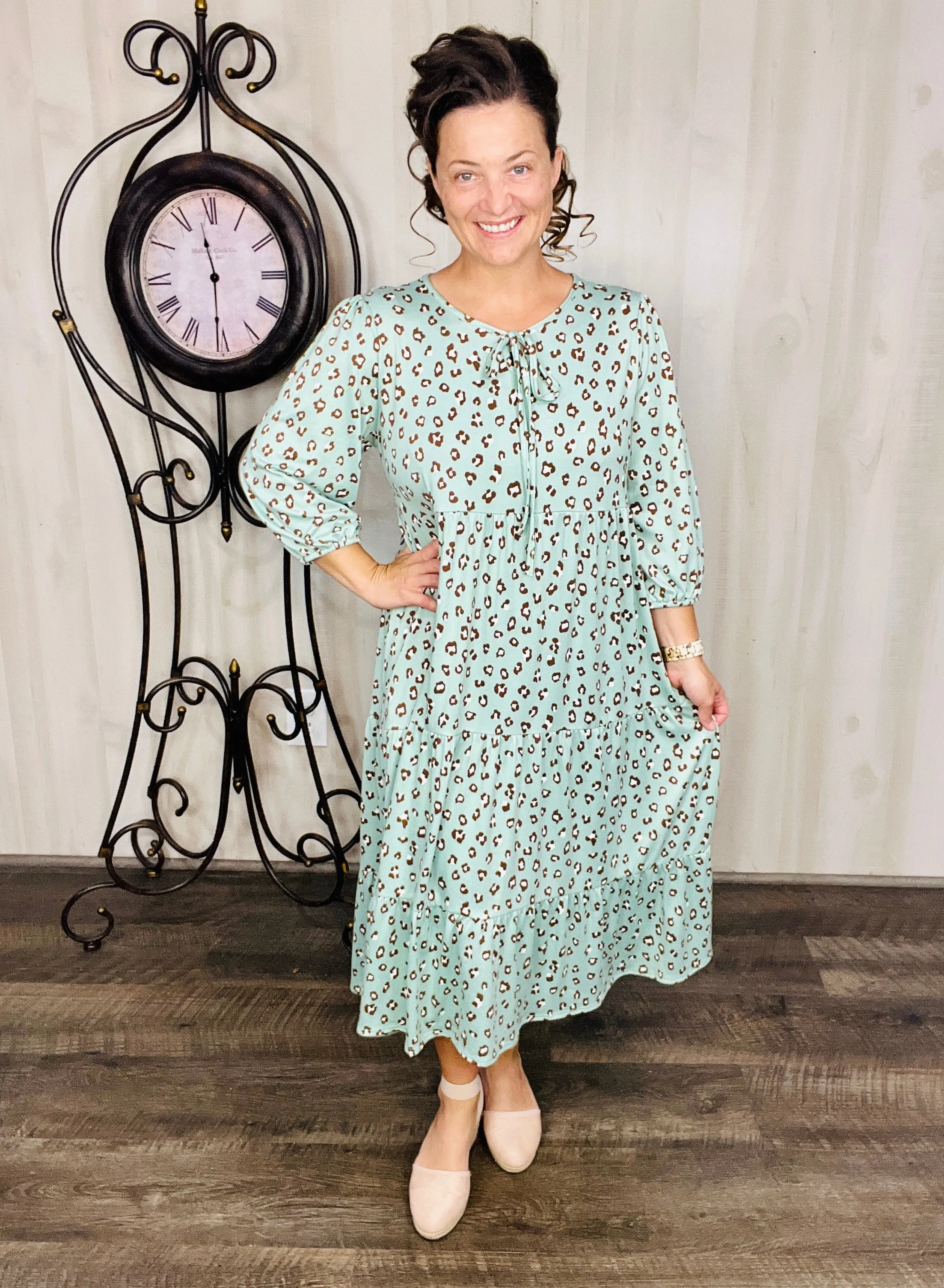 Cassie Marie Tiered Boho Style Dress-Mint Leopard