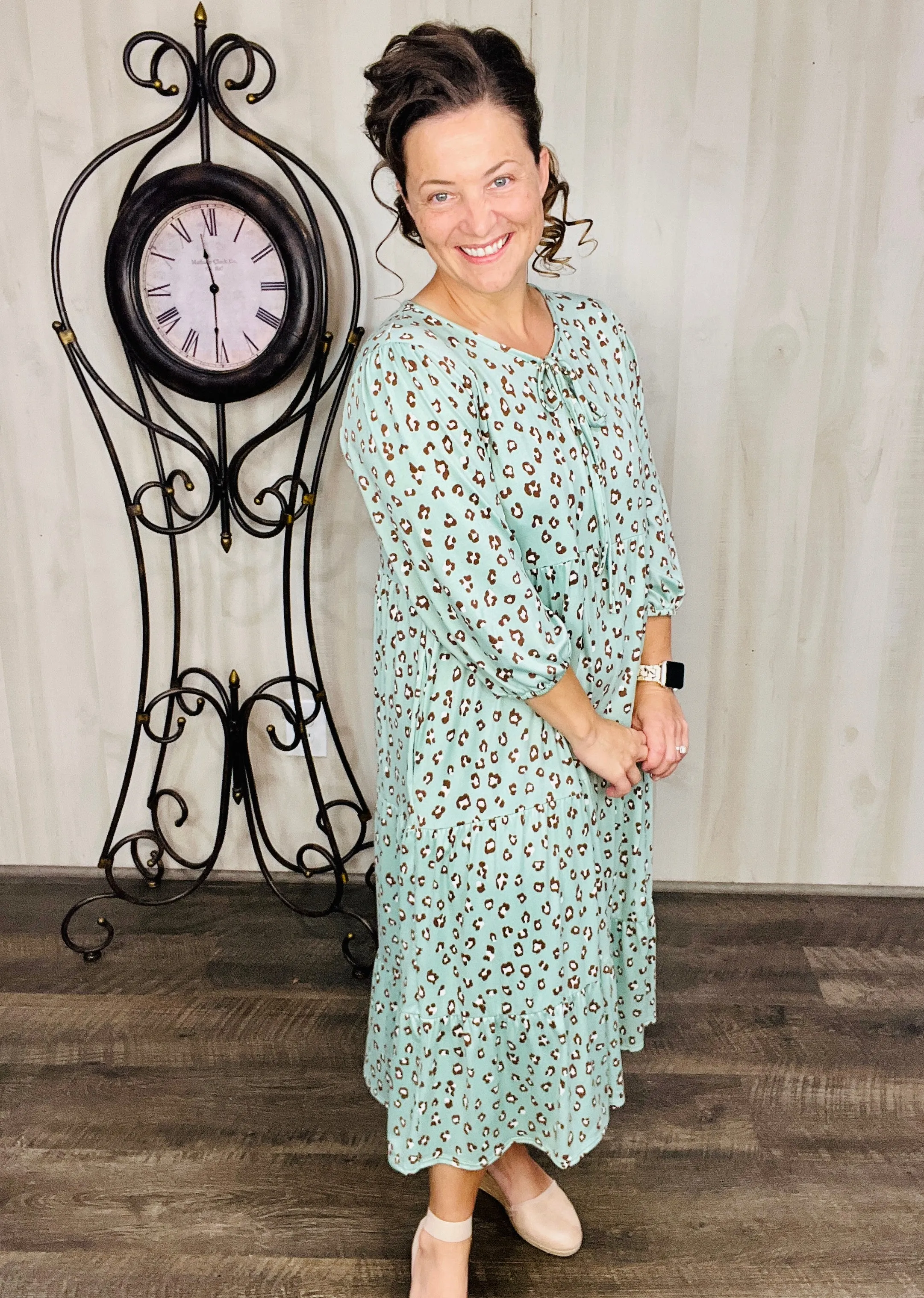 Cassie Marie Tiered Boho Style Dress-Mint Leopard