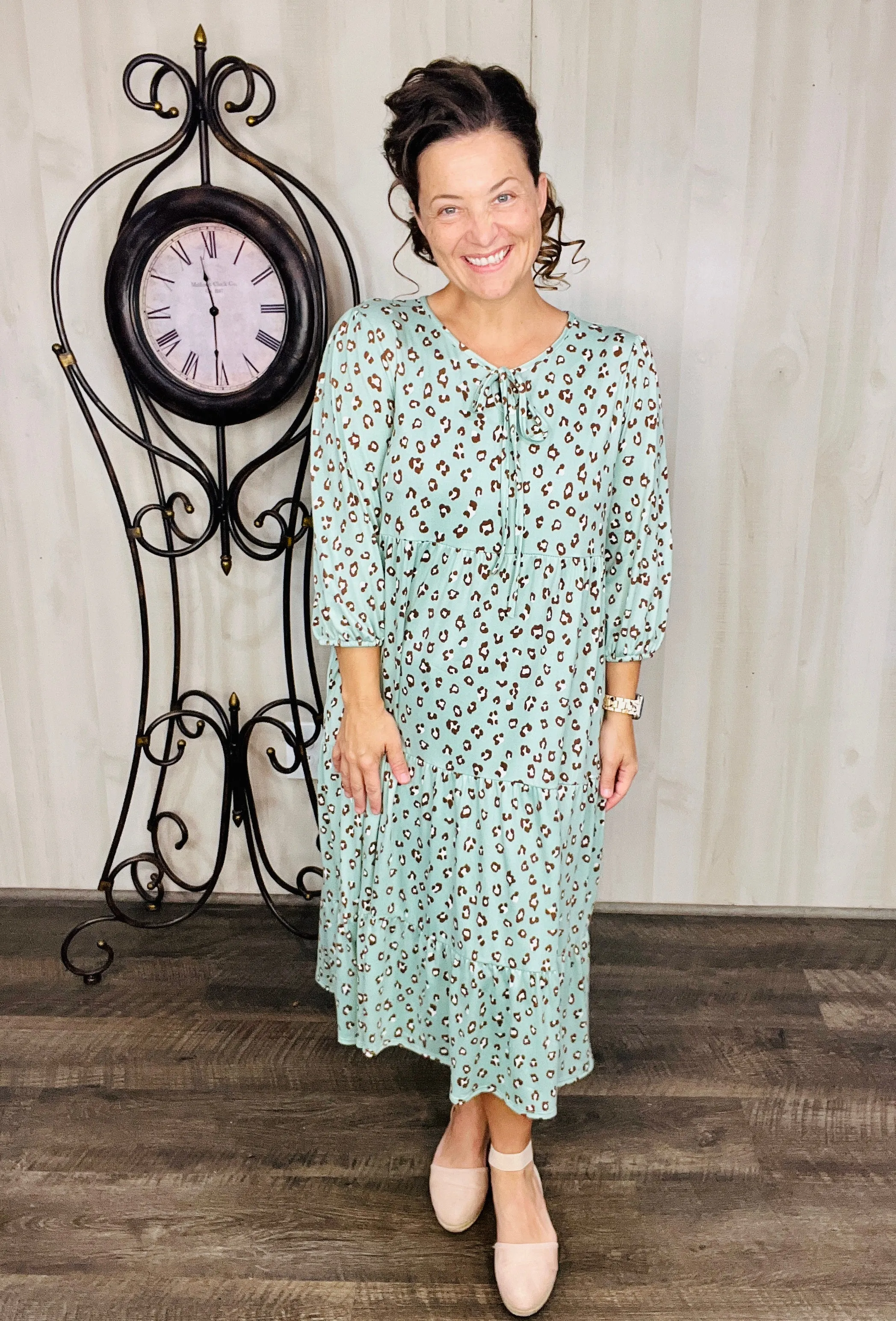 Cassie Marie Tiered Boho Style Dress-Mint Leopard