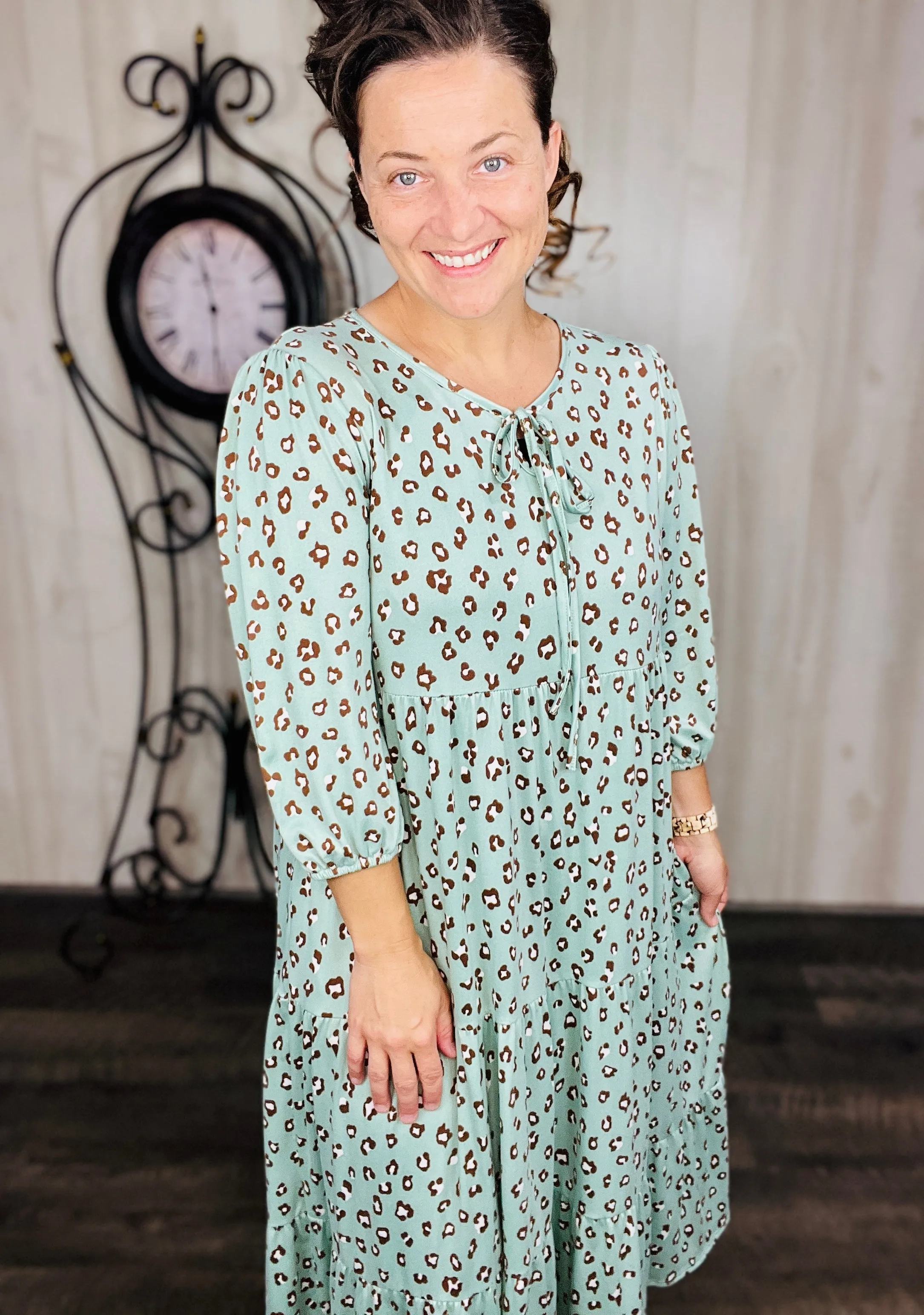 Cassie Marie Tiered Boho Style Dress-Mint Leopard