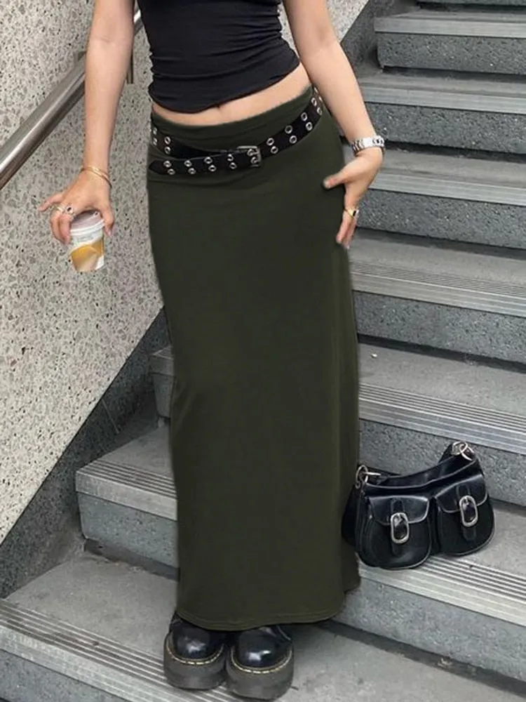 Casual Basic Solid Long Straight Skirt Elegant Fashion Low Waisted Maxi Skirts Women Summer Streetwear Ladies 90S