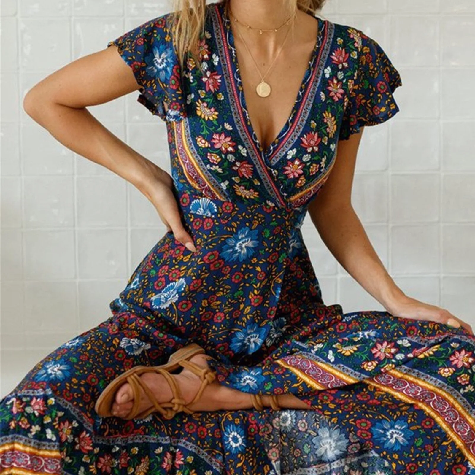 Casual V-Neck Bohemian Printed Boho Dress