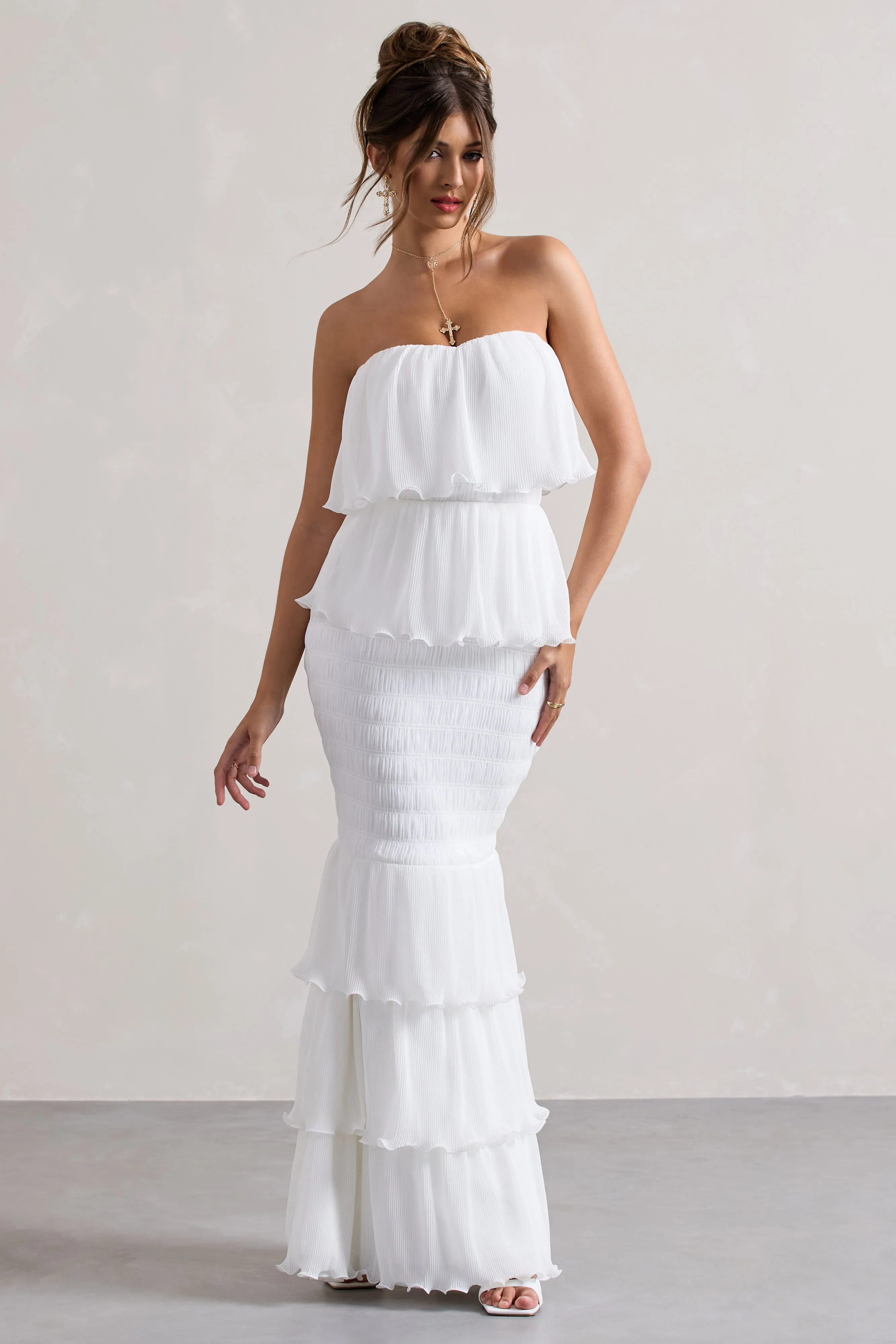 Catera | White Strapless Layered Ruffle Maxi Dress