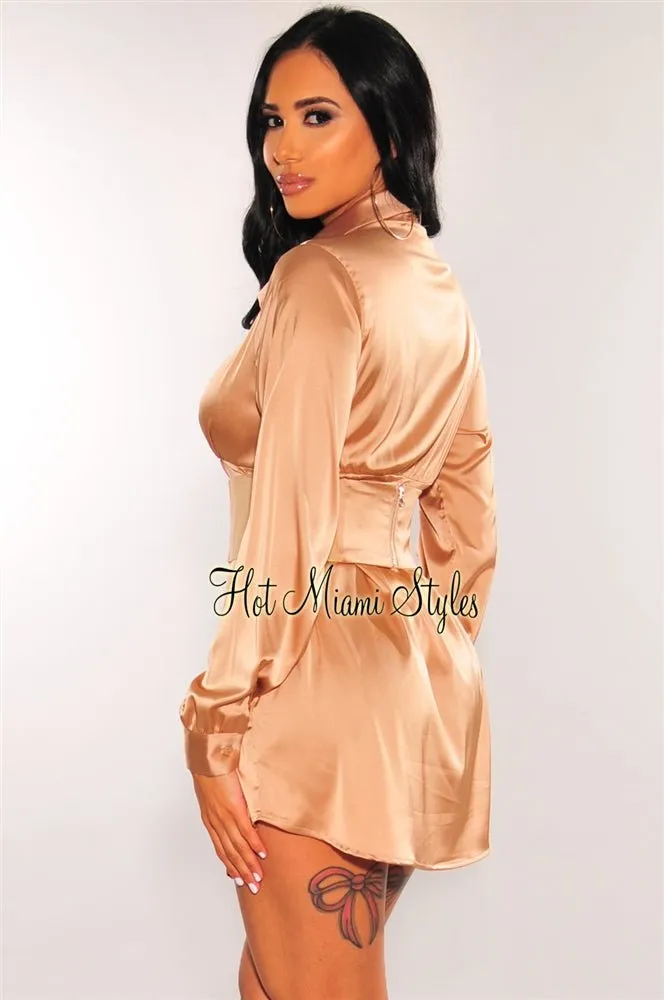 Champagne Satin Collared Button Down Belted Shirt Dress