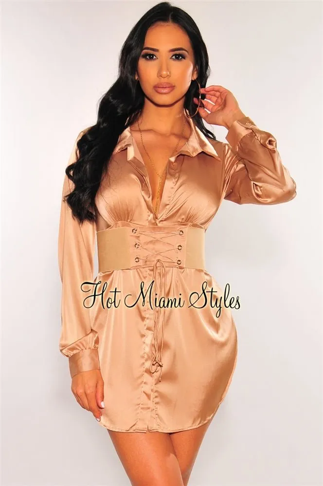 Champagne Satin Collared Button Down Belted Shirt Dress