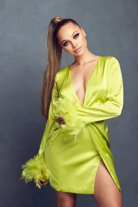 Chartreuse Mini Satin Feather Dress