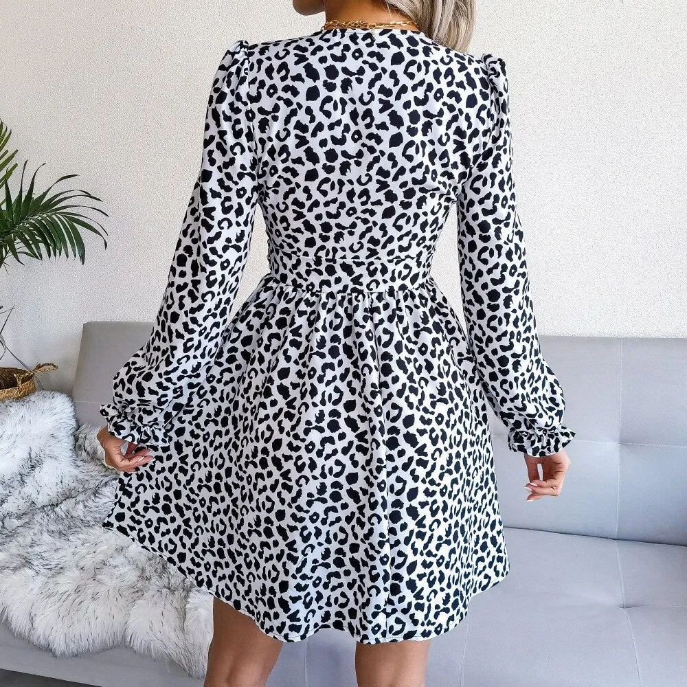 Chic Leopard V-Neck A-Line Dress