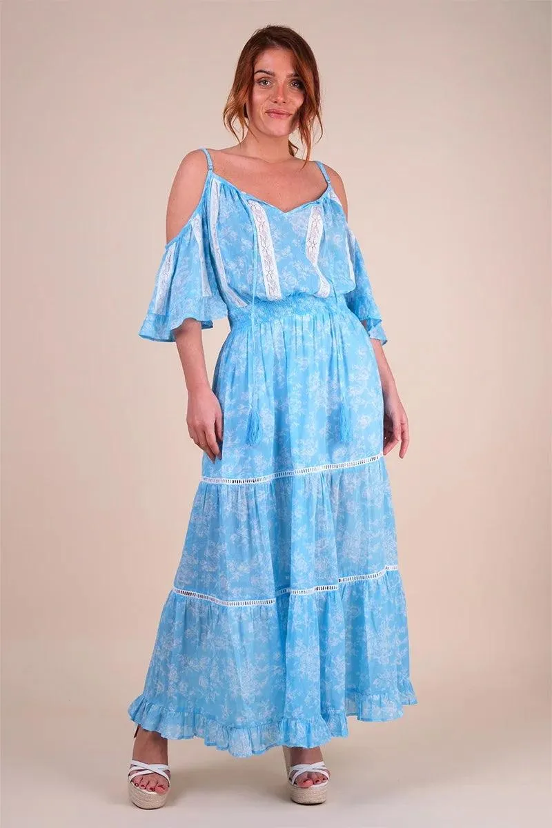 Cold Shoulder Maxi Dress Karena in Blue Print