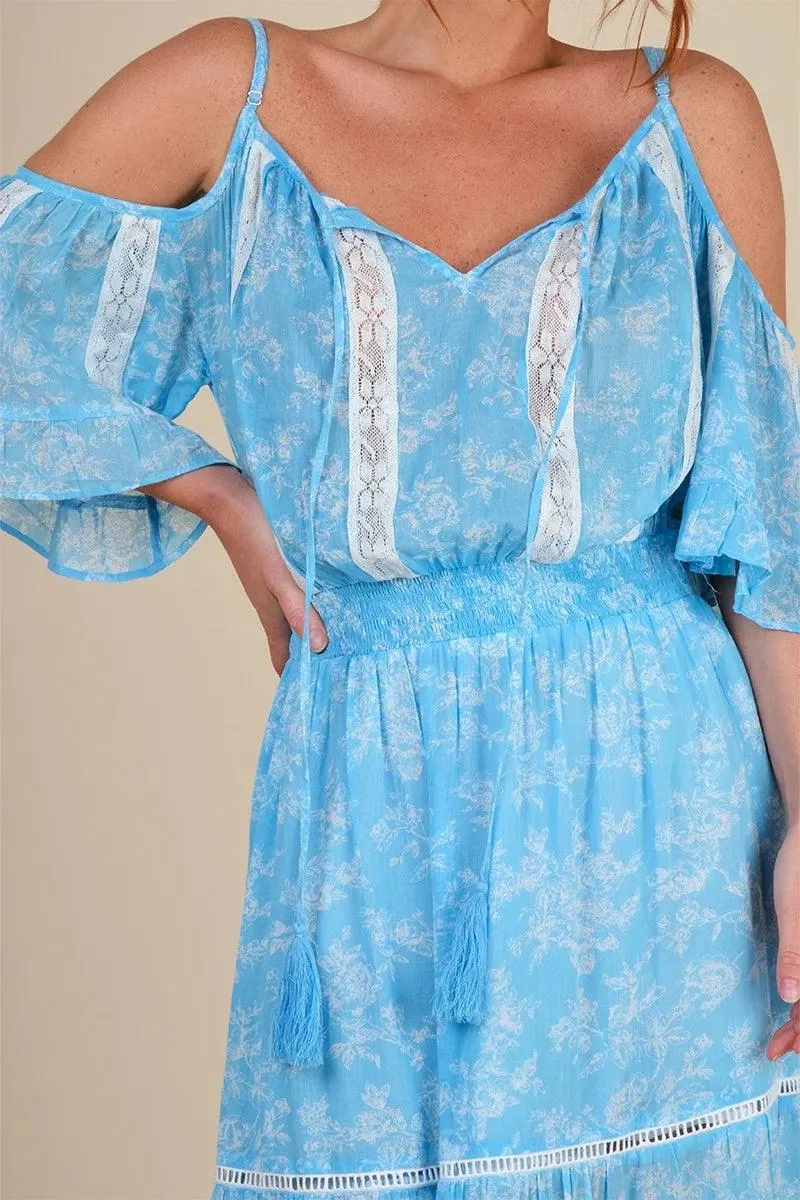 Cold Shoulder Maxi Dress Karena in Blue Print