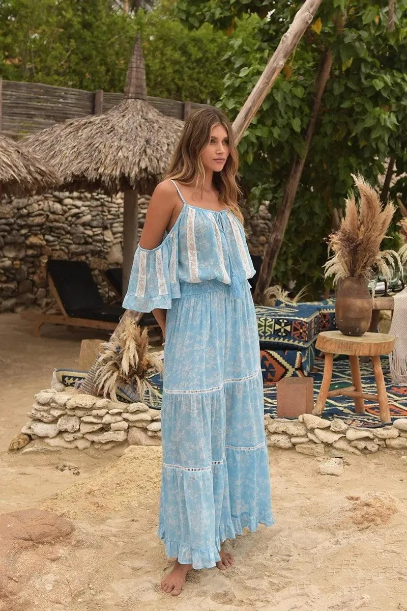 Cold Shoulder Maxi Dress Karena in Blue Print