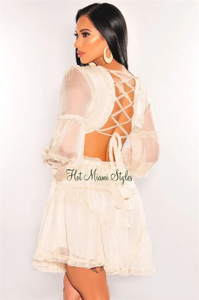 Cream Ruffle Cut Out Lace Up Long Sleeves Dress