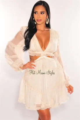 Cream Ruffle Cut Out Lace Up Long Sleeves Dress