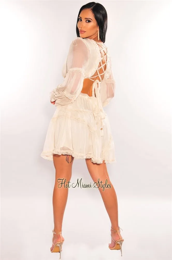 Cream Ruffle Cut Out Lace Up Long Sleeves Dress