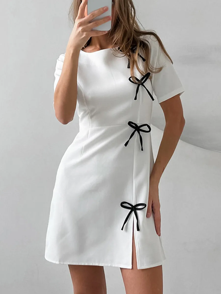 Crew Neck Slit Bow Decoration MIni Dress